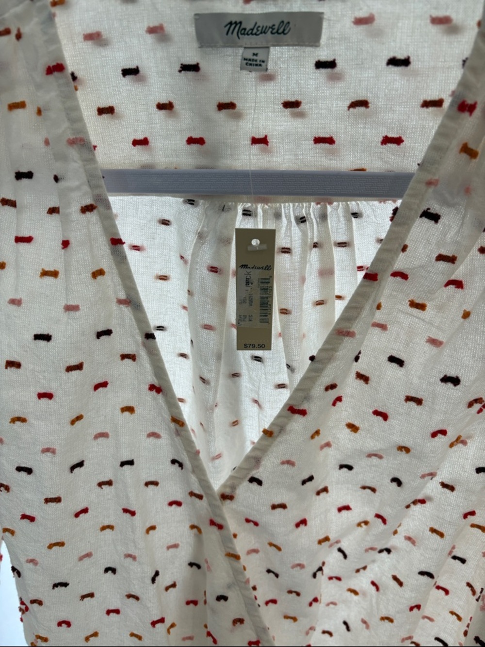 Madewell Cream Wrap Blouse with Red brown orange and pink embroidered Motif